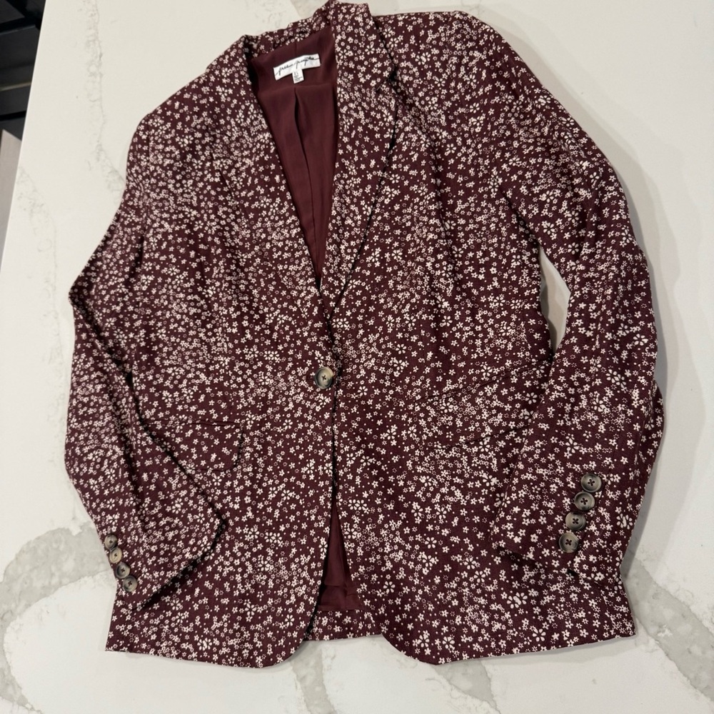 Free People Maggie Floral Linen Blazer Jacket Women’s 6 Burgundy Boho Corpcore - Picture 2 of 11